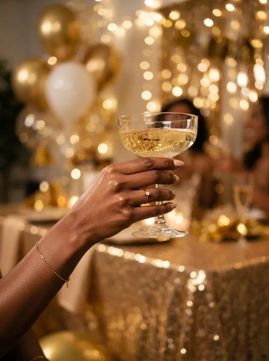 Hand with gold glitter fade nails holding a champagne glass at a celebration