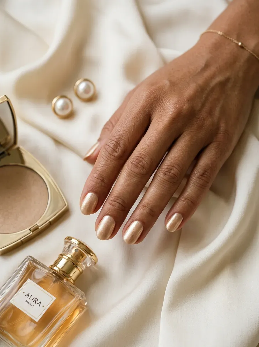 Short oval nails painted champagne gold with finely milled shimmer