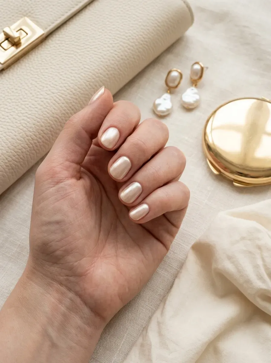 Short almond nails with nude polish and subtle champagne pearl glaze