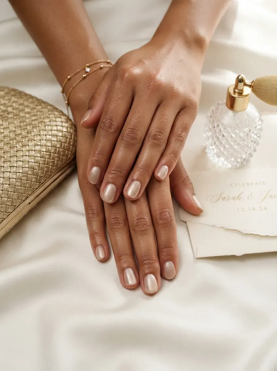 Short rounded nails with fine champagne shimmer on warm caramel skin