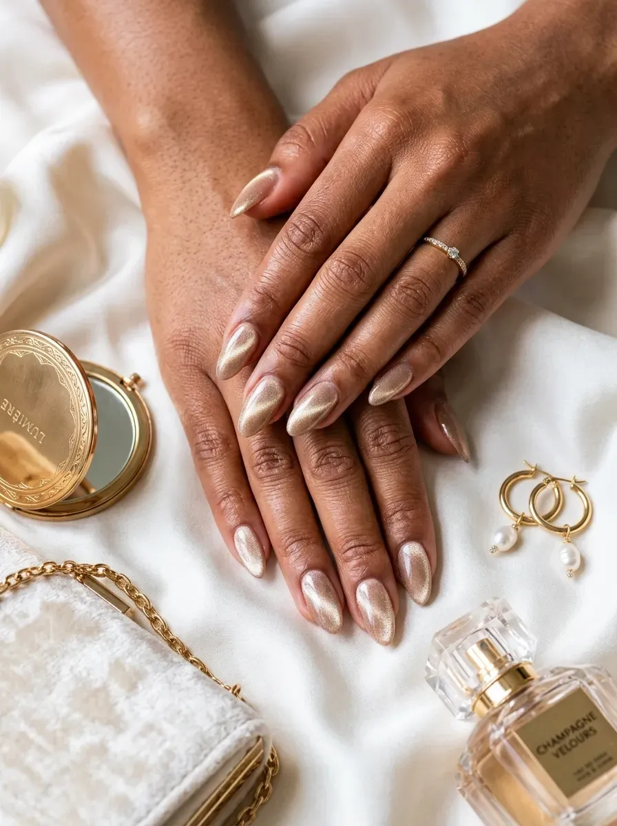 Champagne velvet cat-eye nails glowing on brown skin with pearl accessories