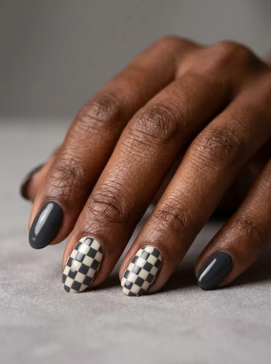 Small checkerboard pattern nail art in charcoal and cream tones
