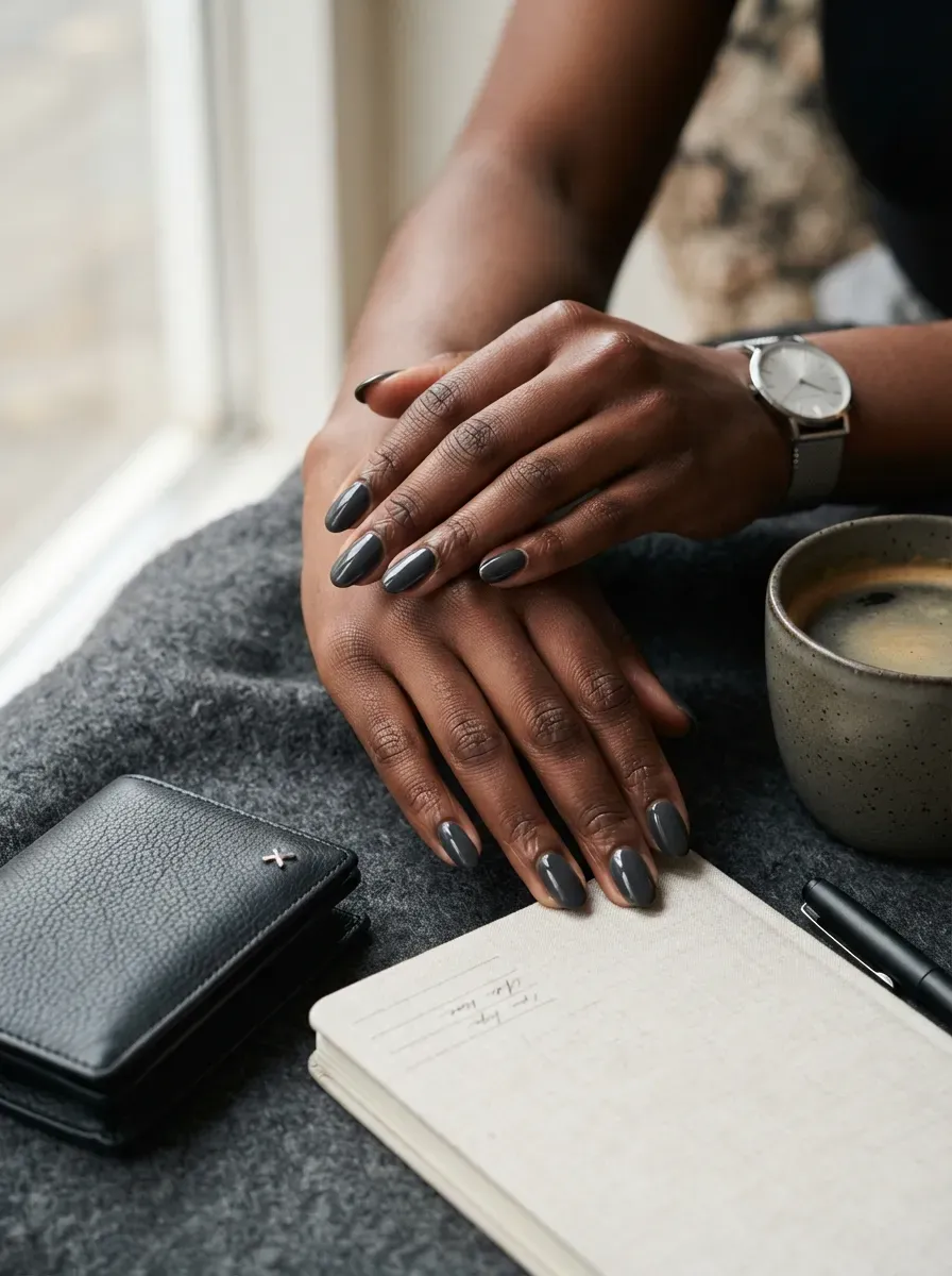 Charcoal gray French tips on medium oval nails over chestnut skin
