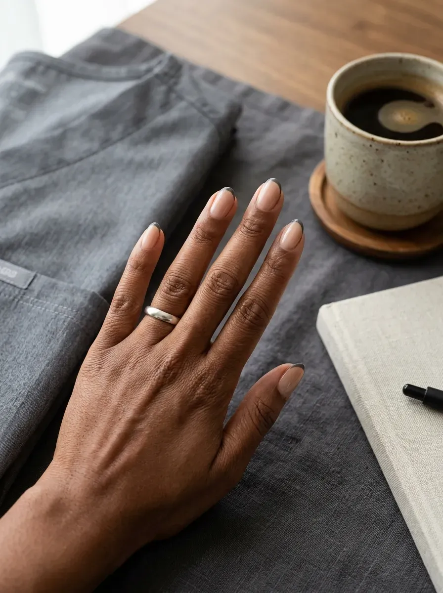 Short oval nude nails with charcoal French edges on brown skin