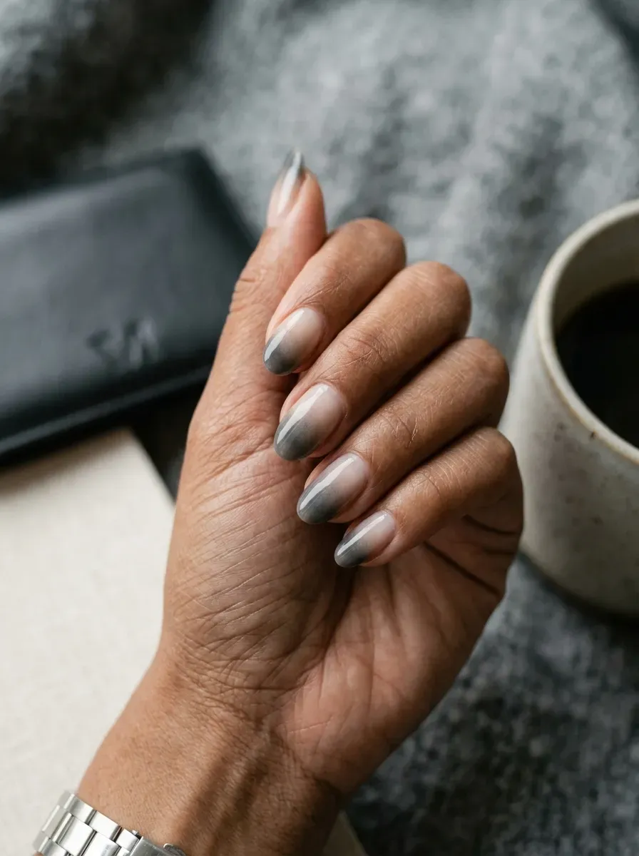 Charcoal French ombré on oval nails with warm brown skin