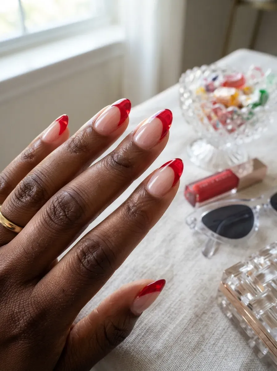 Translucent cherry deep French tips on clear almond nails with dark skin