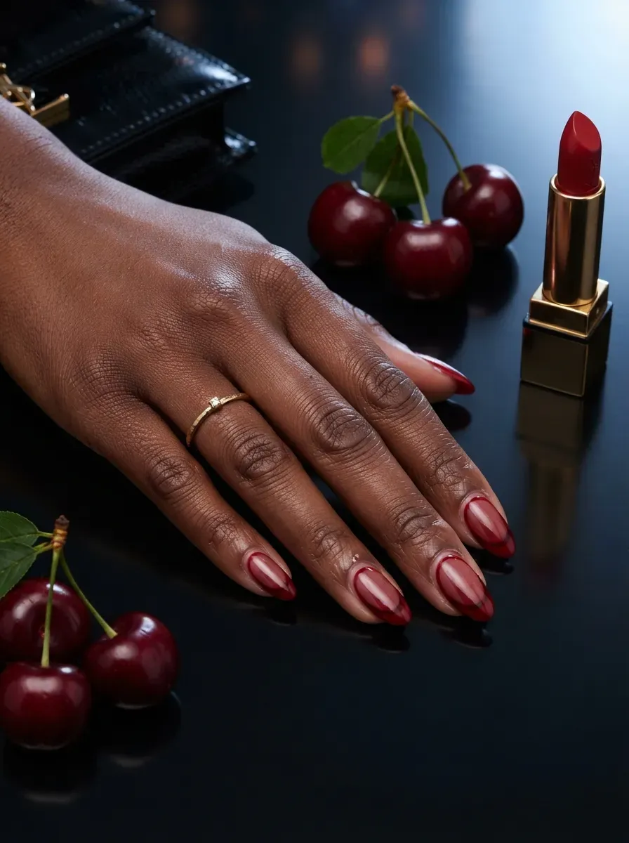 Cherry red deep French tips on almond nails over deep brown skin