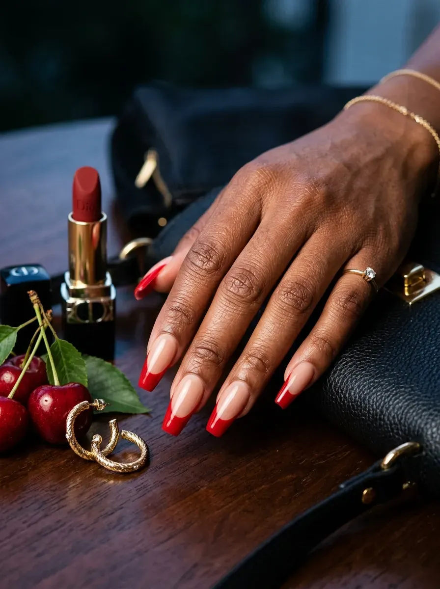 Long coffin nails with glossy cherry red French tips on brown skin