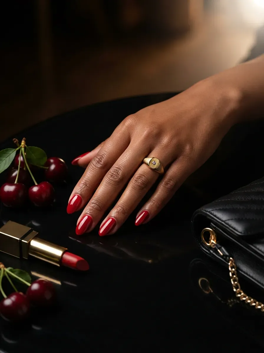 Glossy cherry red French tips on almond nails over warm brown skin