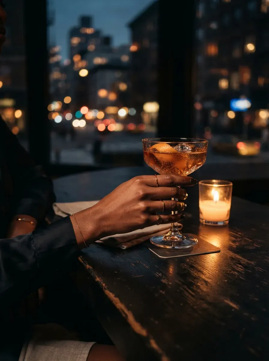 Hand with cherry red glossy nails holding a cocktail glass at a night-out birthday