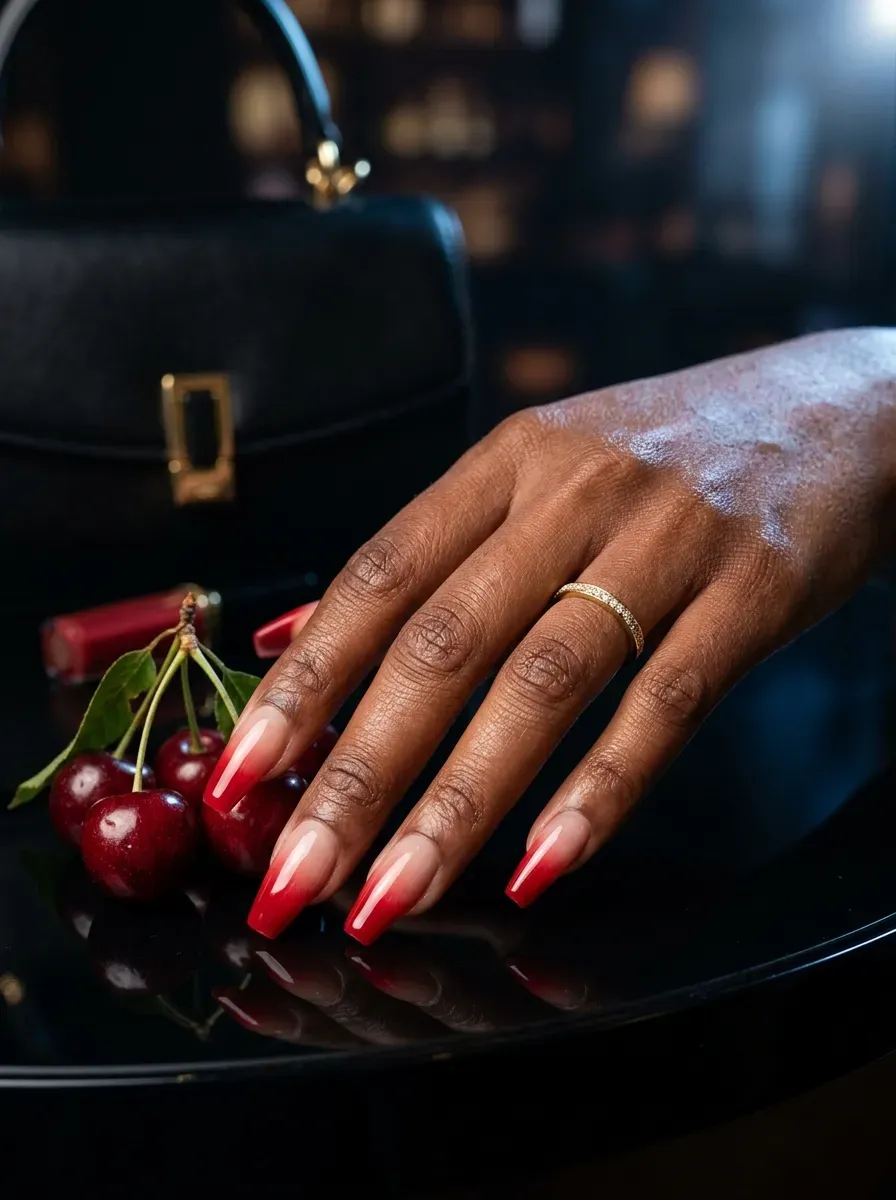 Cherry red French ombré on coffin nails with brown skin