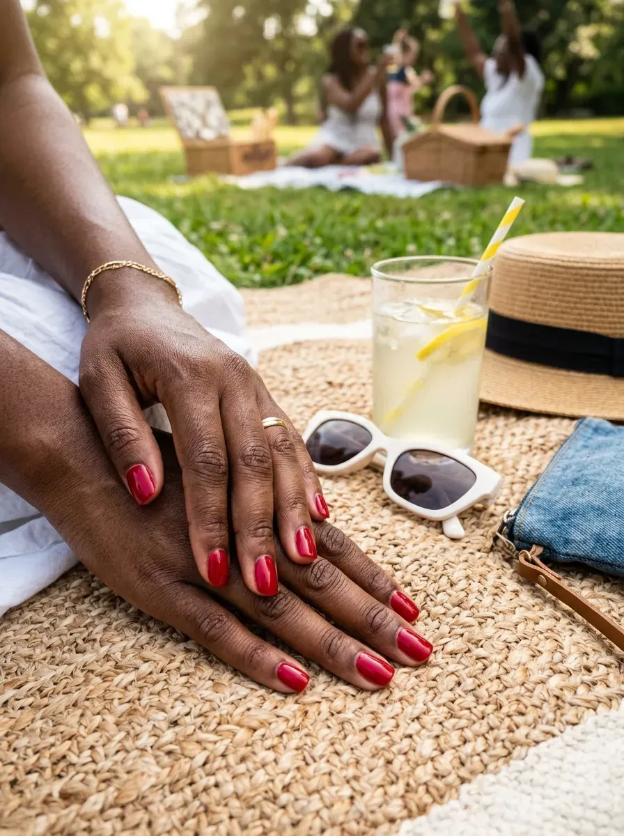 Glossy cherry red short nails on deep brown skin beside picnic accessories