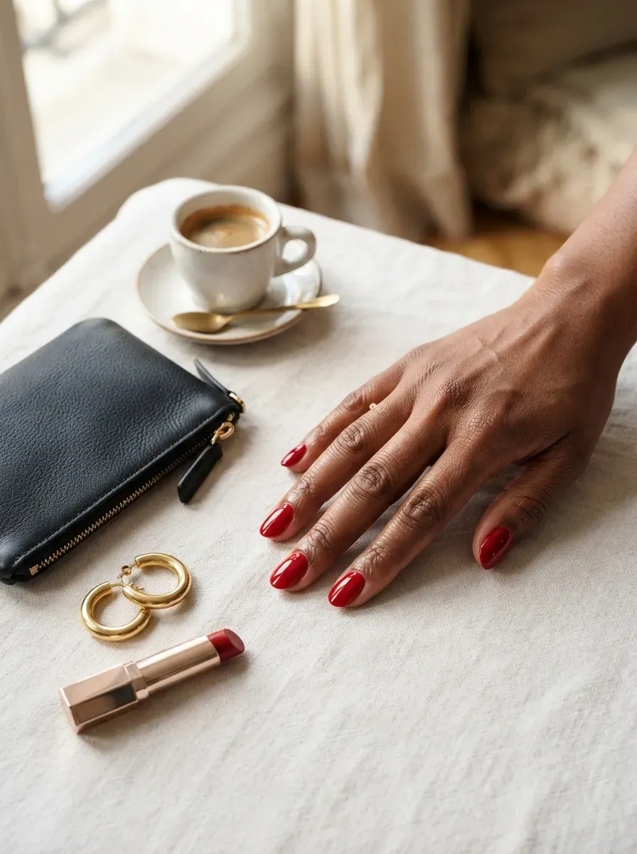Glossy cherry red polish on short oval nails with brown skin