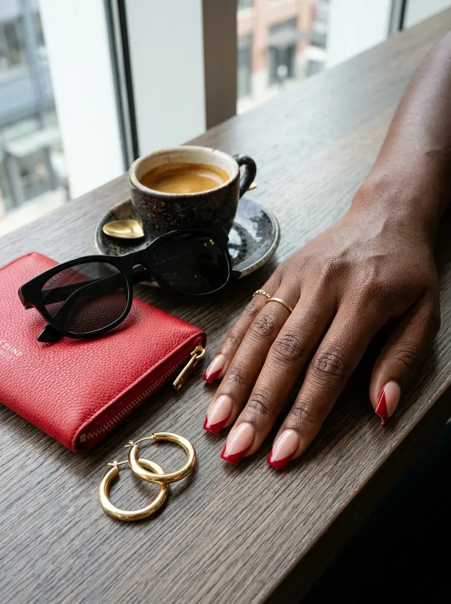 Nude square nails with diagonal cherry red French tips on chestnut skin