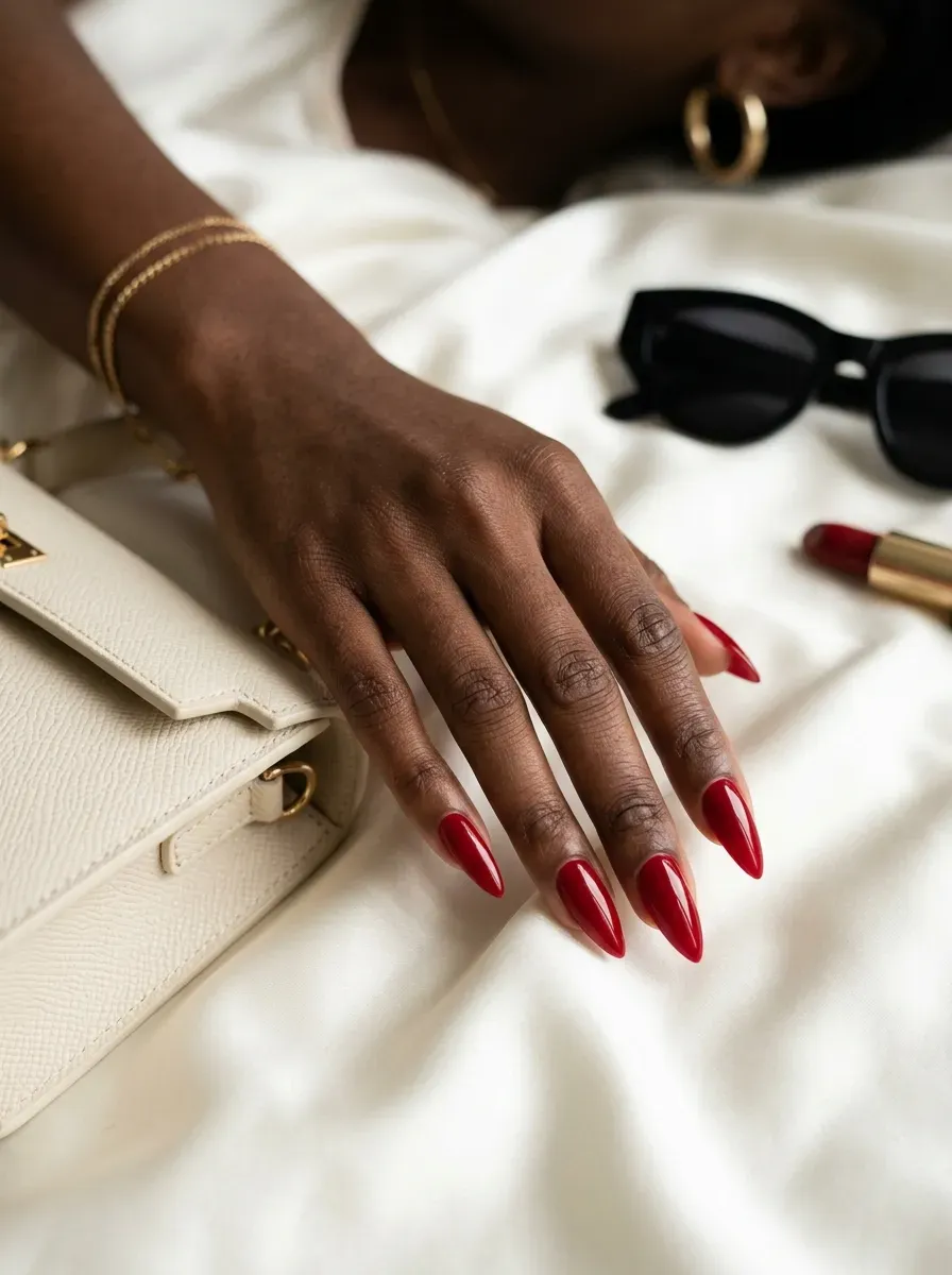 Long glossy cherry red stiletto nails on deep chestnut skin