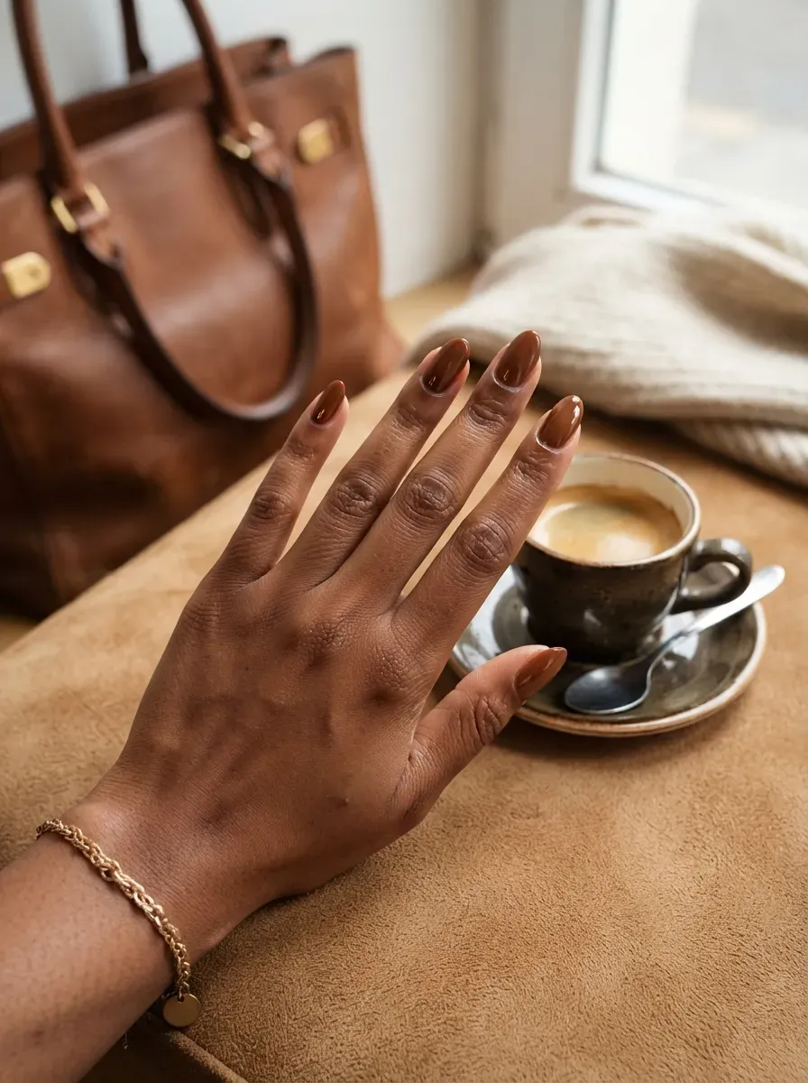 Glossy chestnut brown almond nails on warm skin with autumn accessories