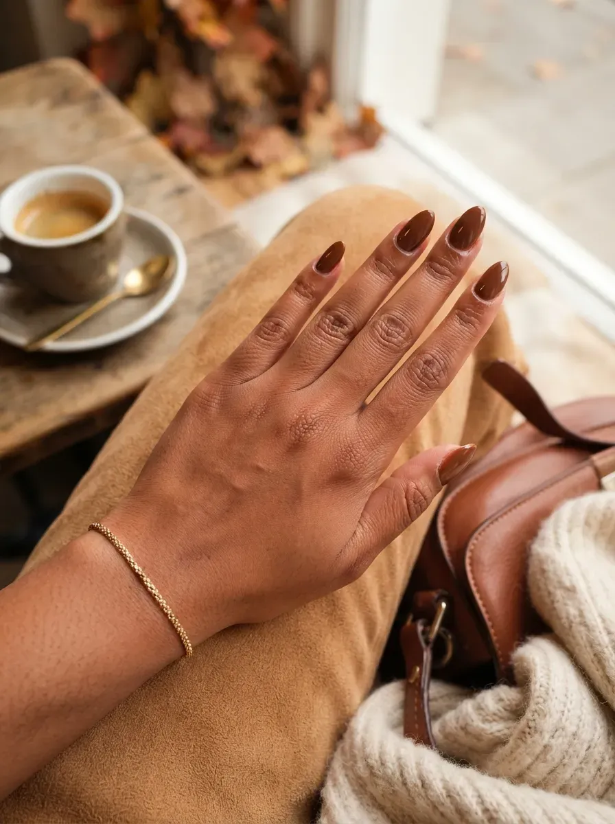 Glossy chestnut brown almond nails on warm skin with autumn accessories