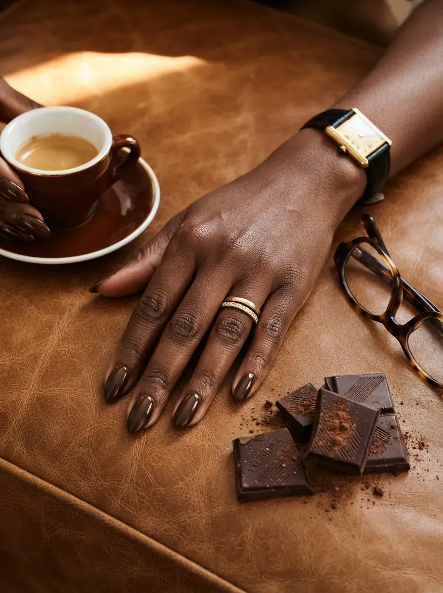 Medium almond nails with glossy chocolate brown French tips on deep skin
