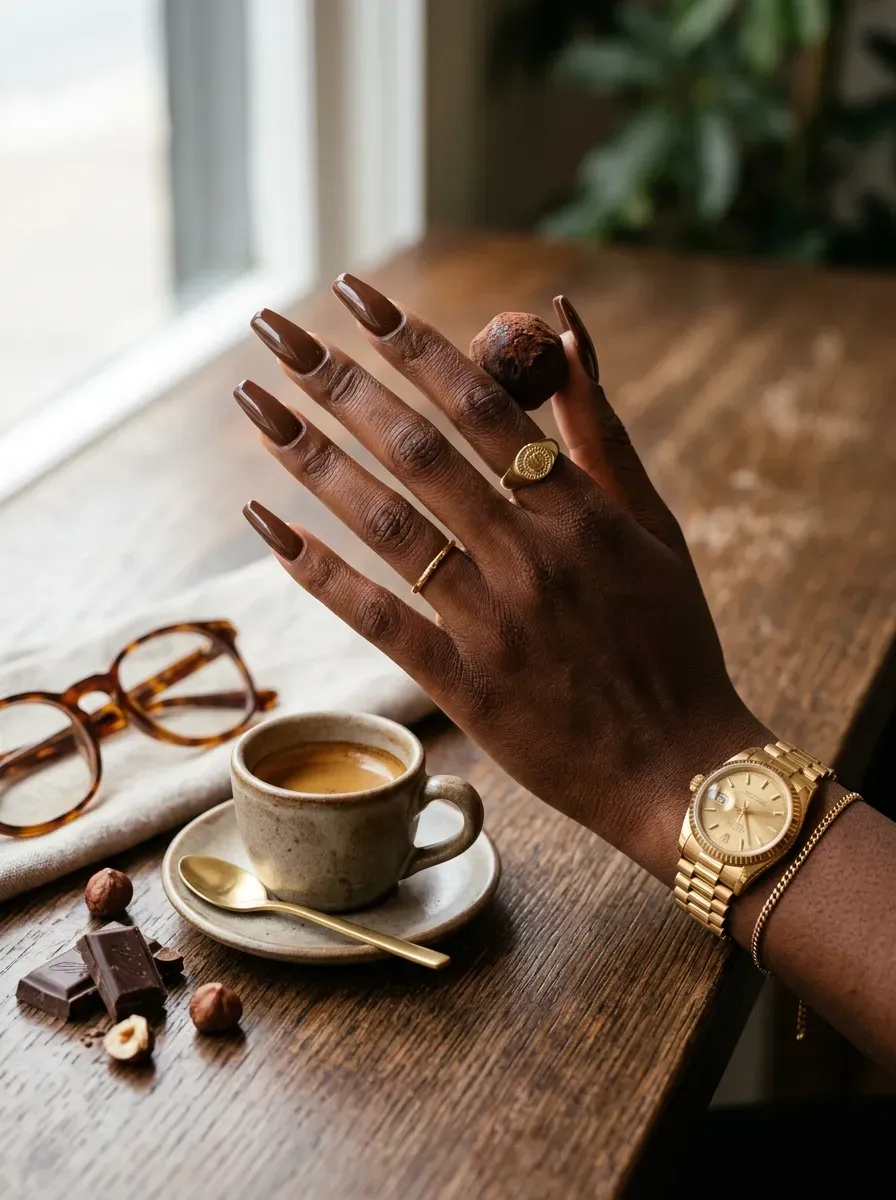 Long coffin nails painted glossy chocolate brown on deep brown skin