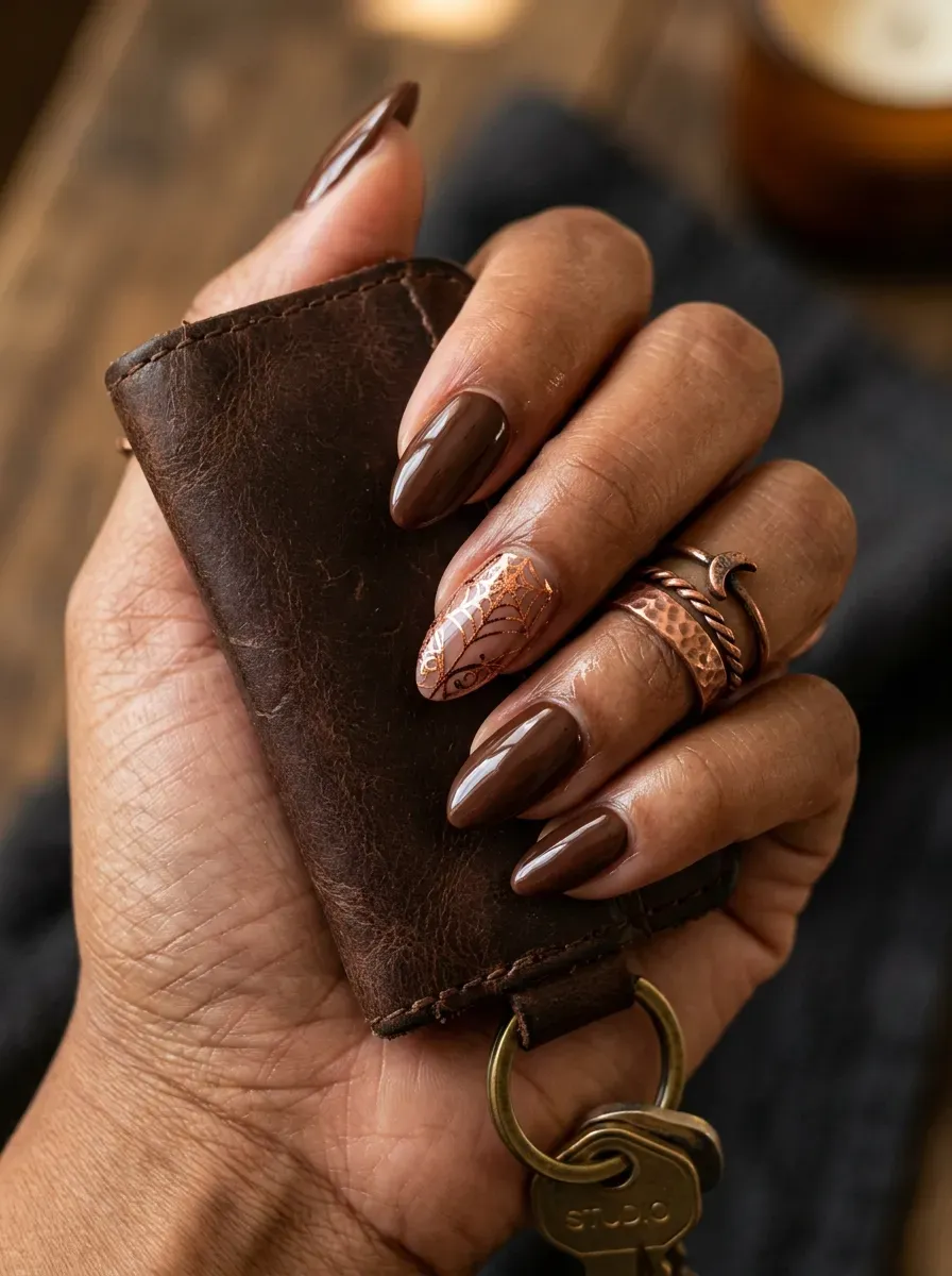 Glossy dark brown nails with one copper metallic spiderweb feature nail
