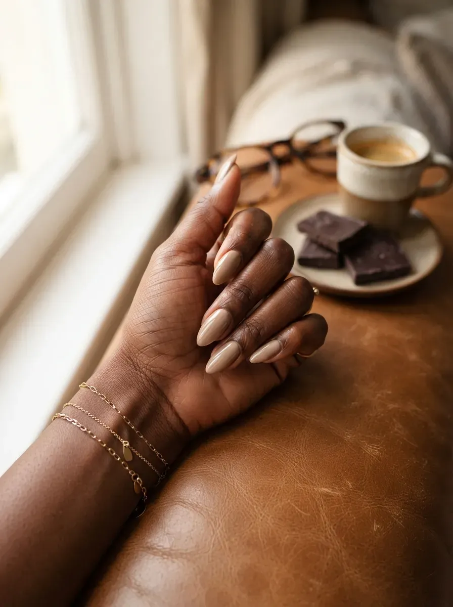 Chocolate brown deep French tips on almond nails with chestnut skin