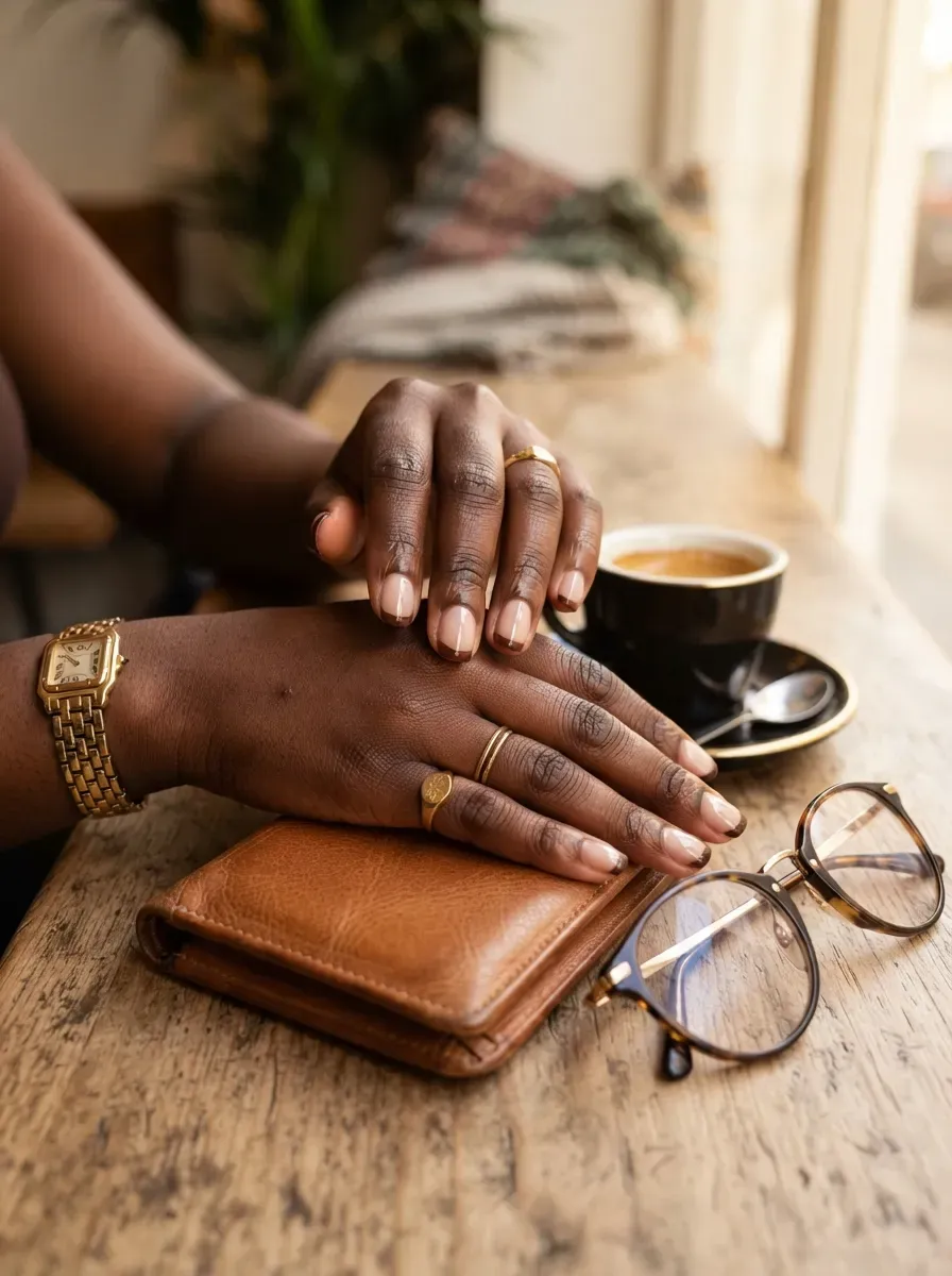 Short nude nails with chocolate brown French tips on deep chestnut skin