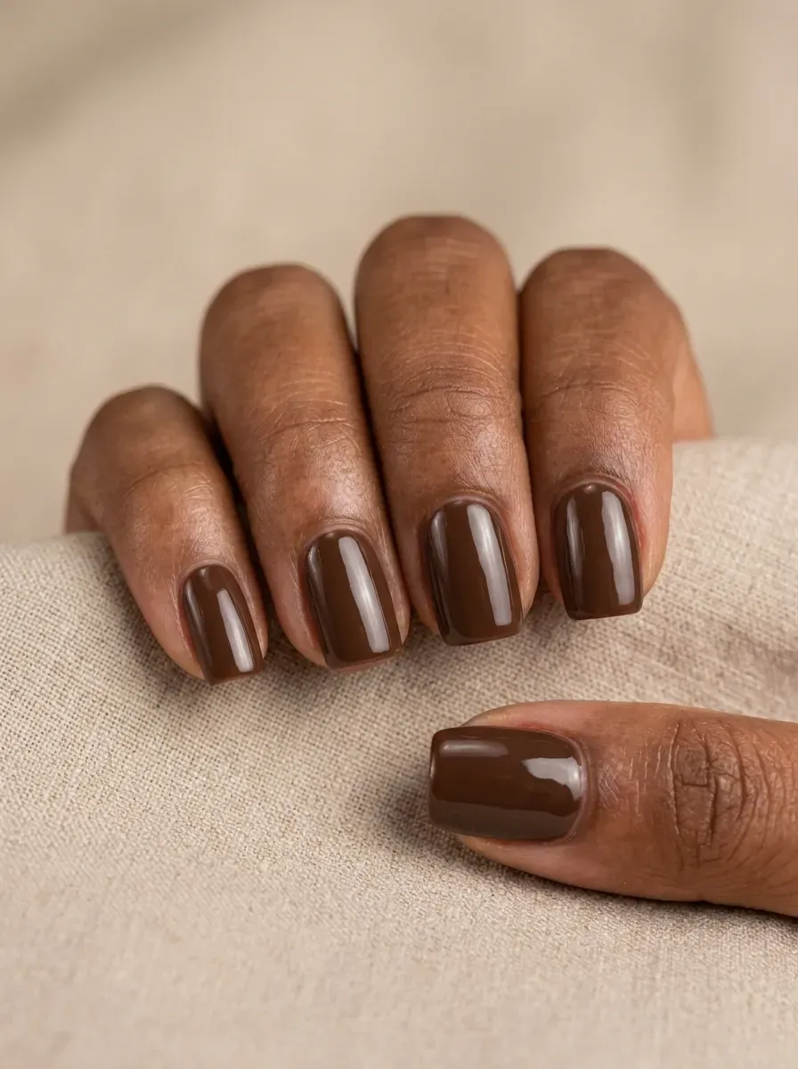 Short square chocolate brown glossy gel nails on warm brown skin