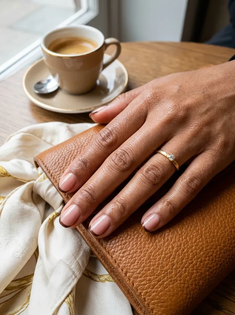 Thin chocolate brown French tips on short nude nails with warm skin