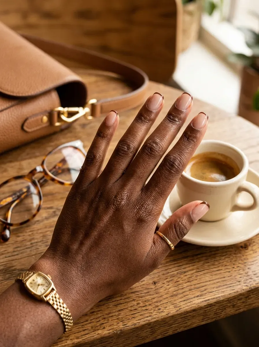 Short nude nails with fine chocolate brown French tips on chestnut skin