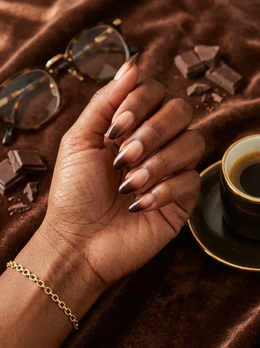 Chocolate brown ombré French tips on almond nails with chestnut skin