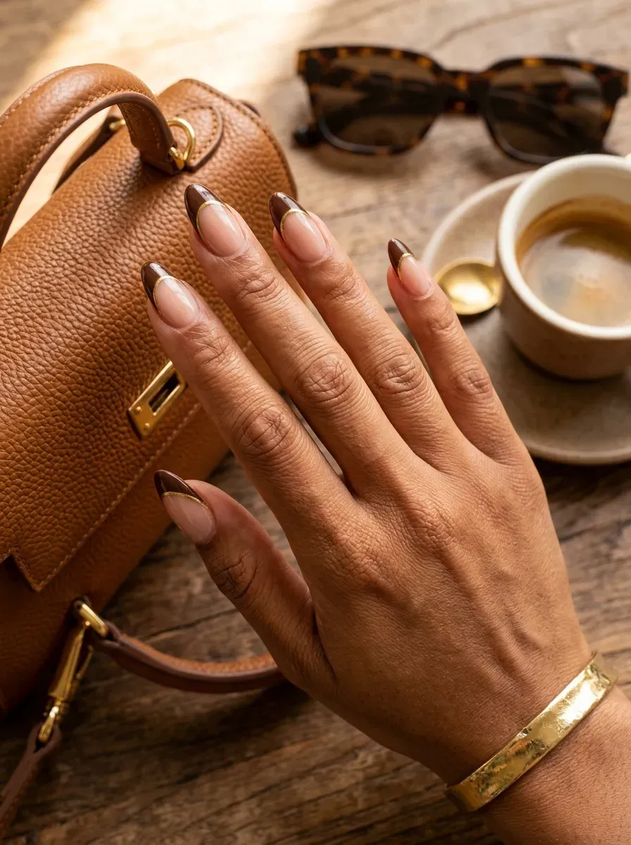 Chocolate French tips with fine gold outlines on almond nails