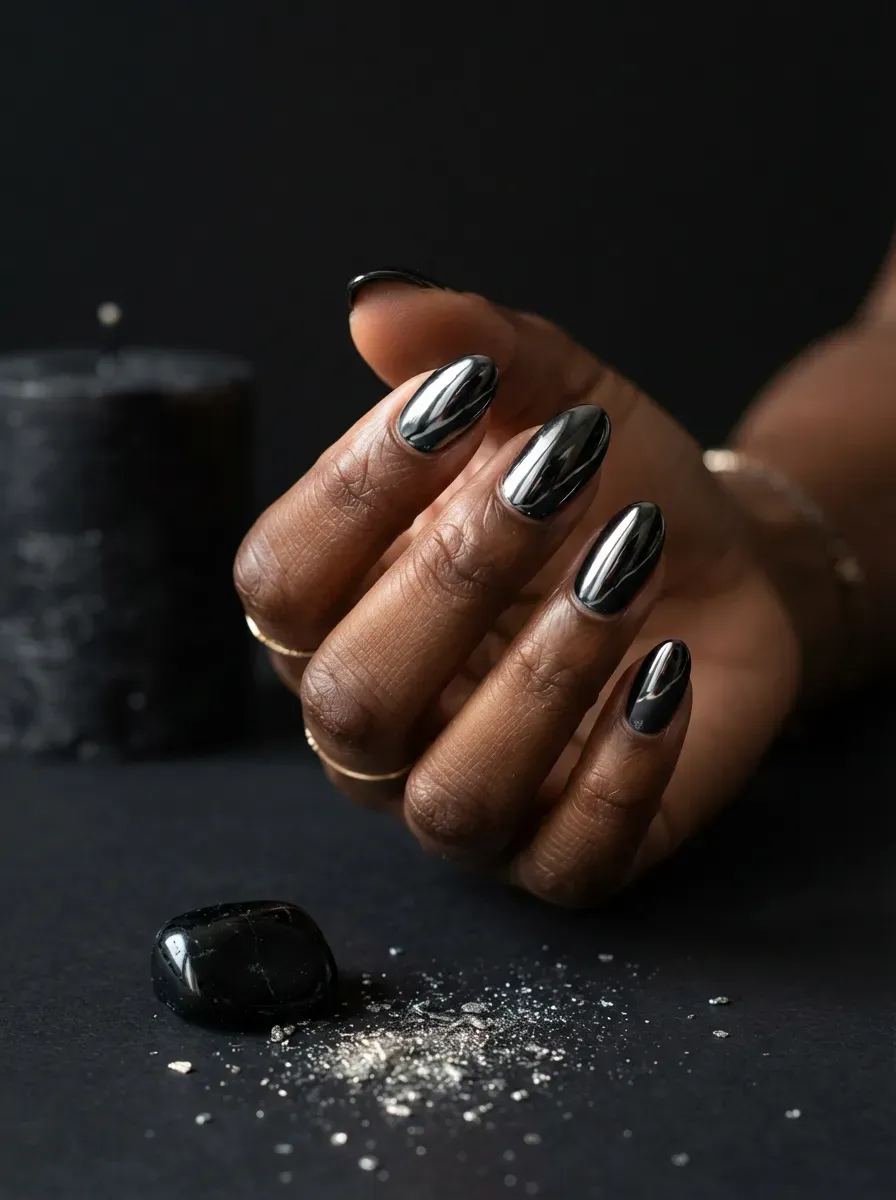 Nails buffed to a mirror black chrome finish on rich dark skin tone