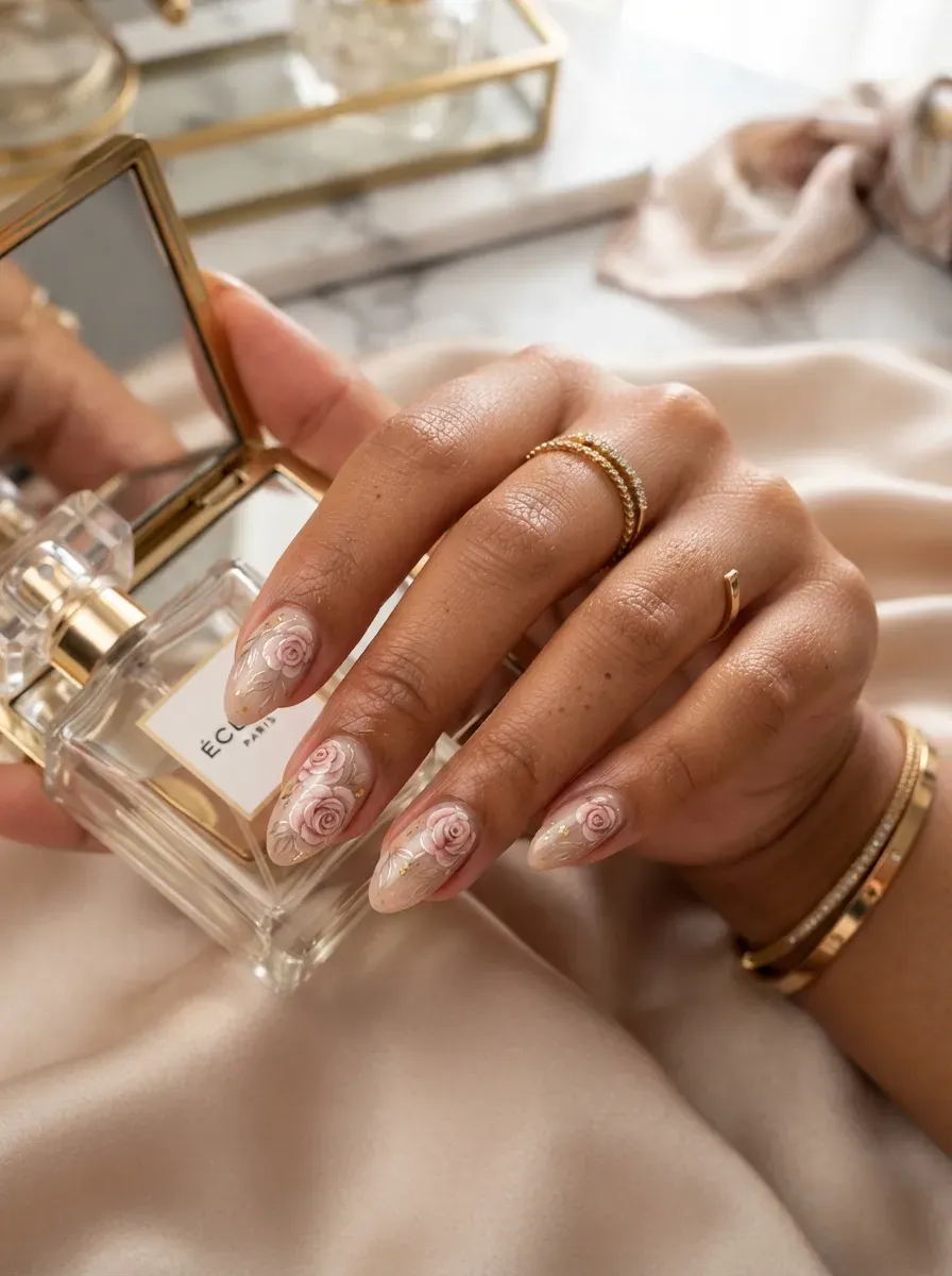 Pink roses with fine metallic chrome outlines on nude almond nails