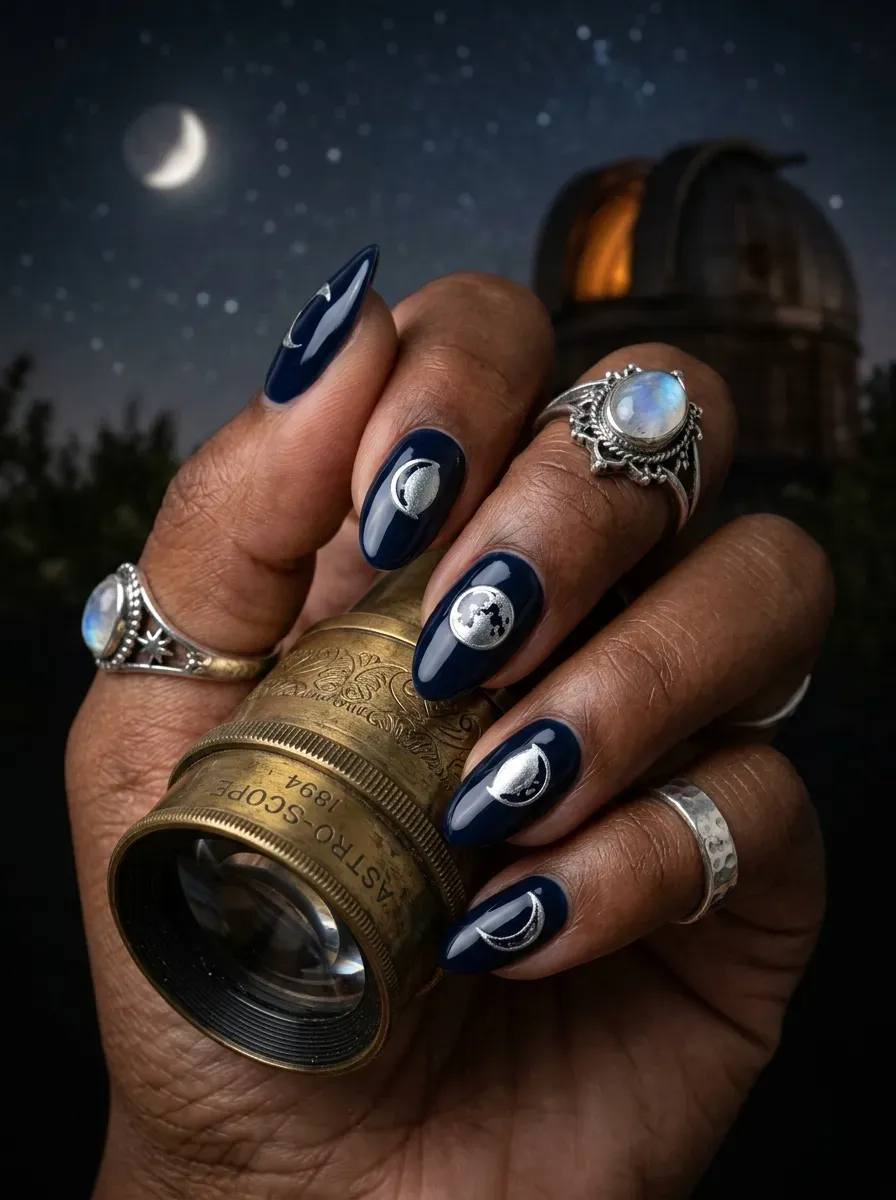 Dark navy nails painted with metallic silver moon phase progression