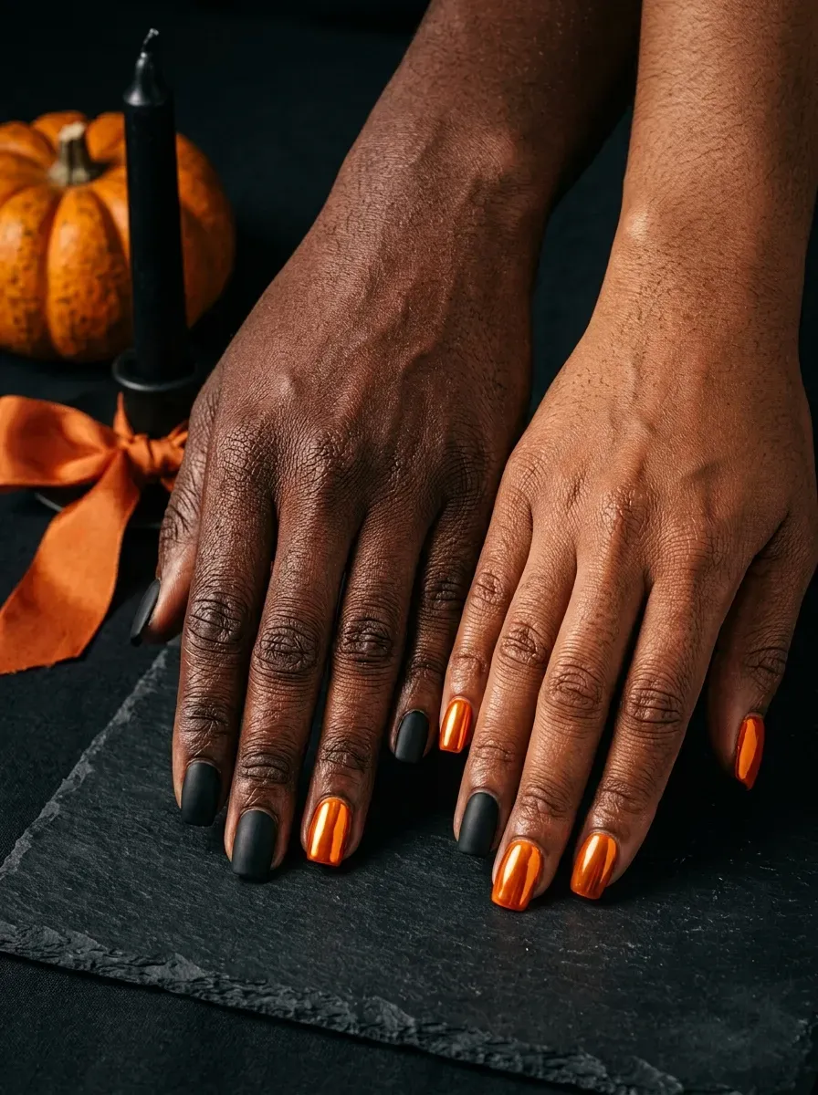 Two hands with opposite finish combinations of chrome orange and matte black polish on deep brown skin and rich dark skin tone
