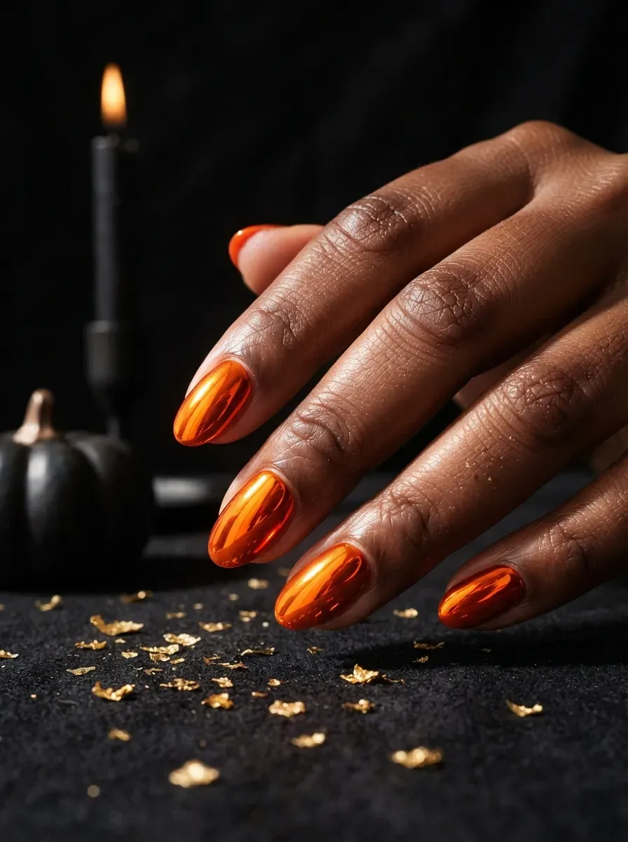 Short almond nails with a mirror chrome orange finish on deep brown skin