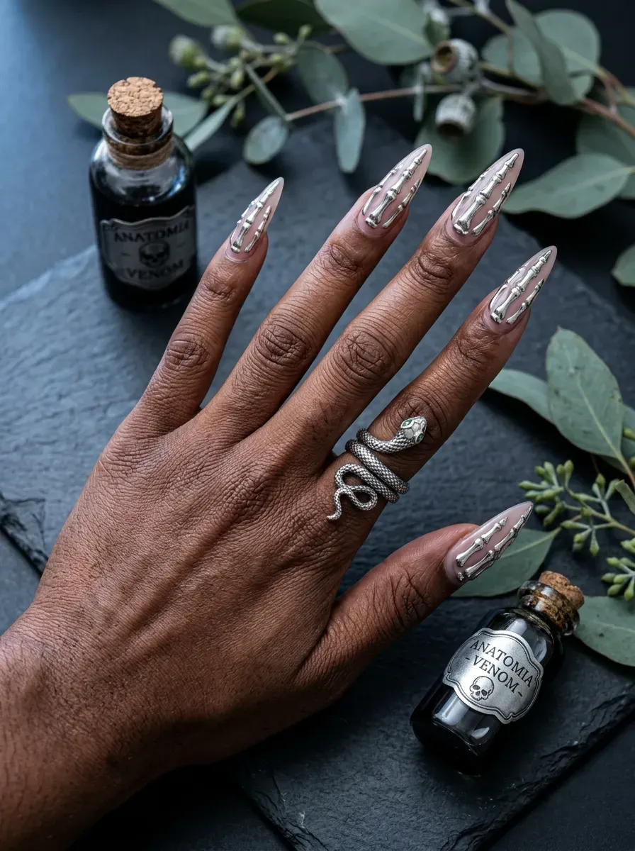 Sheer blush nails with raised metallic silver skeleton finger bones
