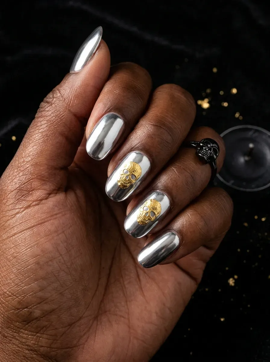 Nails with a silver chrome finish and small gold skull foil accents on deep brown skin