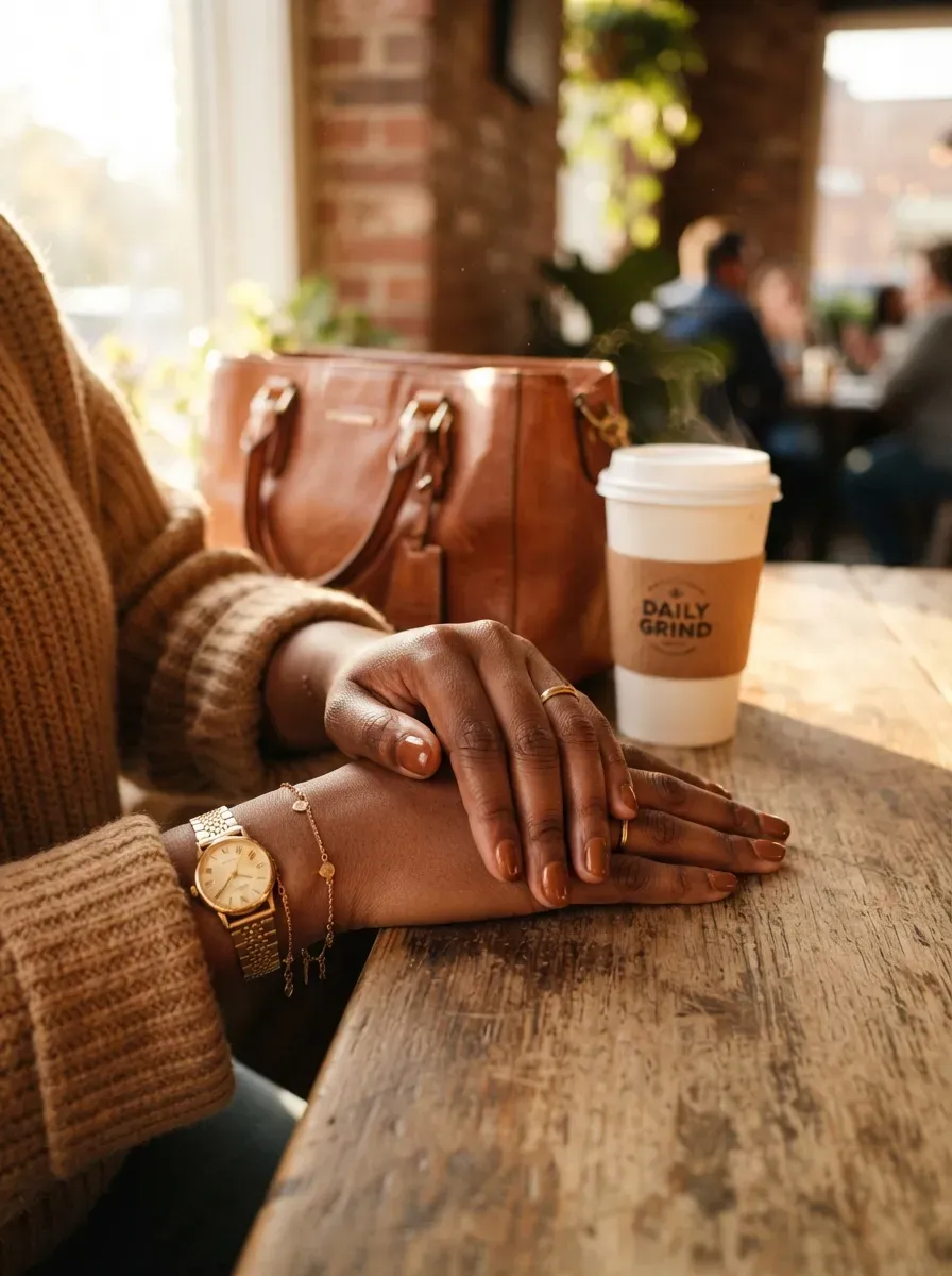 Warm cinnamon brown short nails on deep brown skin with camel styling