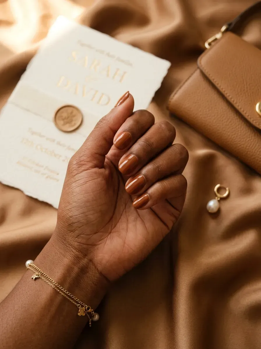 Cinnamon brown short nails on deep chestnut skin with camel wedding styling