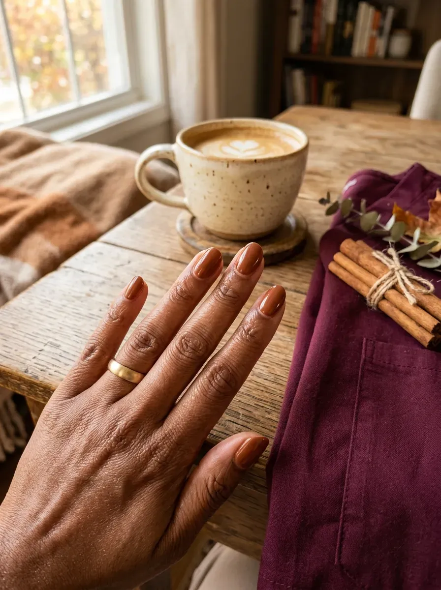 Short oval nails painted creamy cinnamon brown on warm brown skin