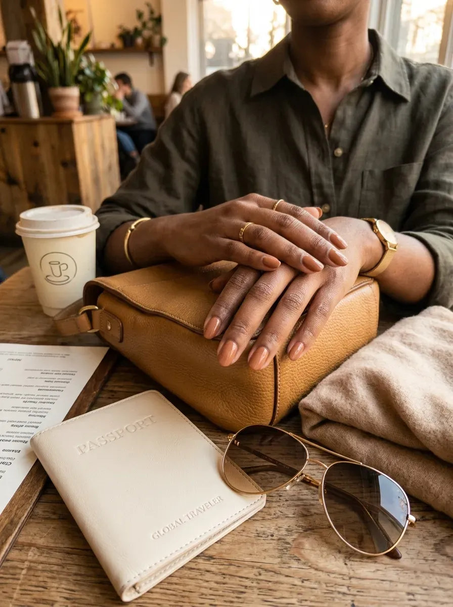 Cinnamon nude nails on brown skin with city getaway accessories