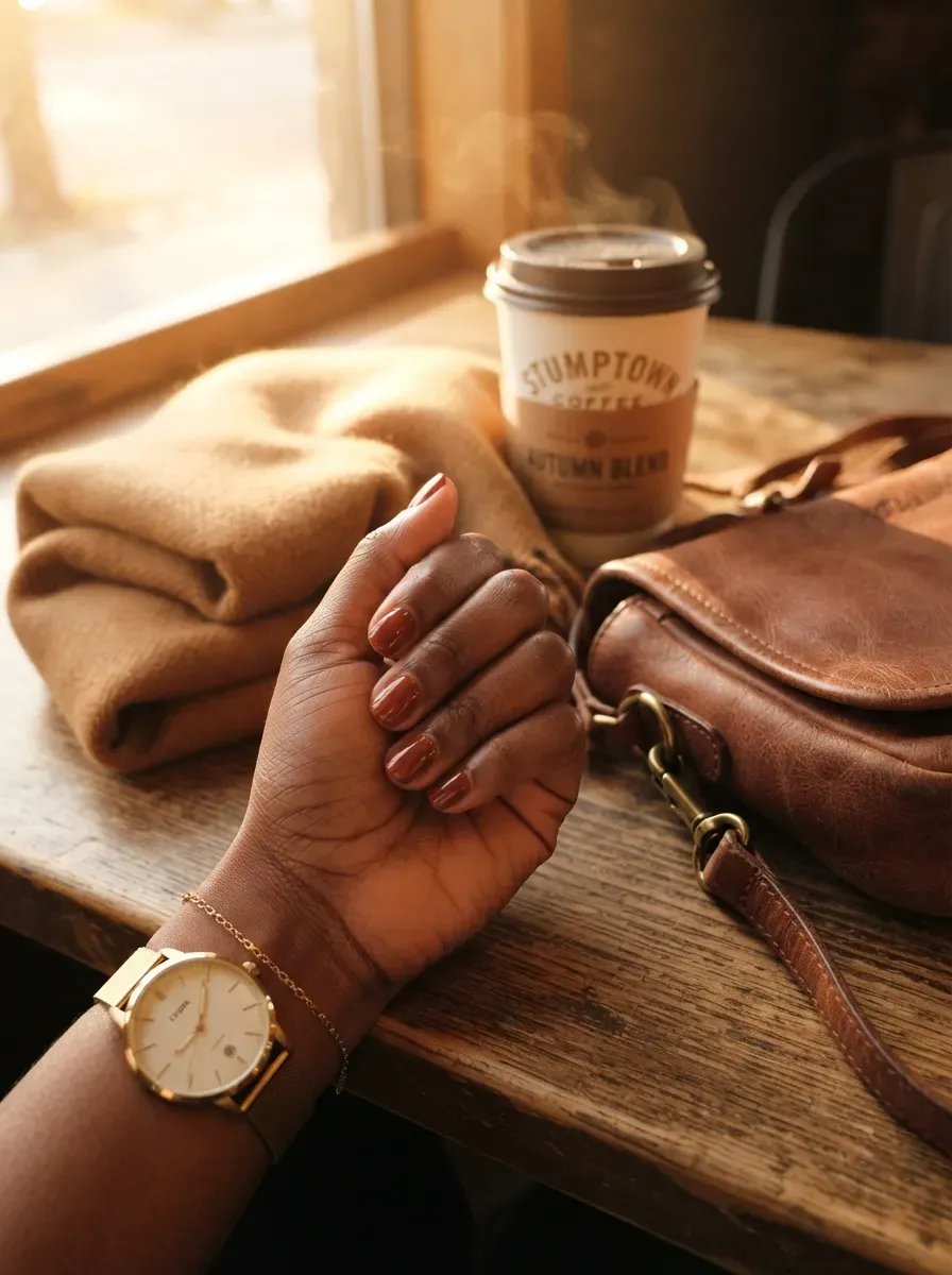 Warm cinnamon red short nails on deep brown skin with camel accessories