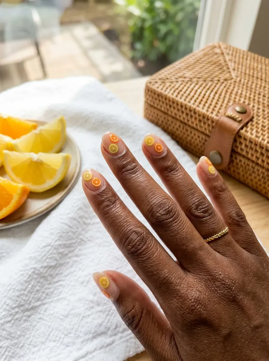 Nude short nails with tiny orange and lemon slice accents