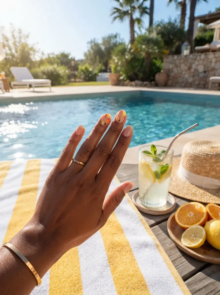 Short nude nails with tiny orange and lemon slice accent designs