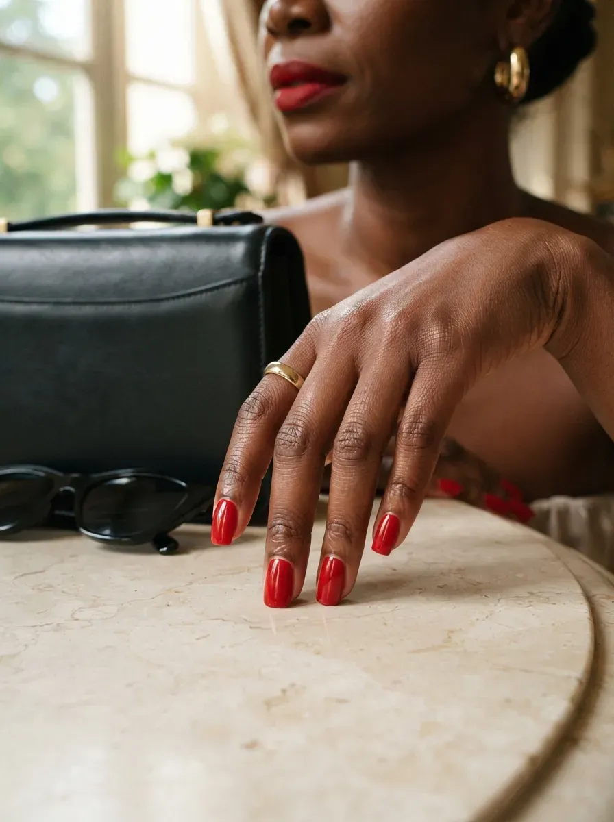 Classic glossy red square nails on deep chestnut skin with black accessories