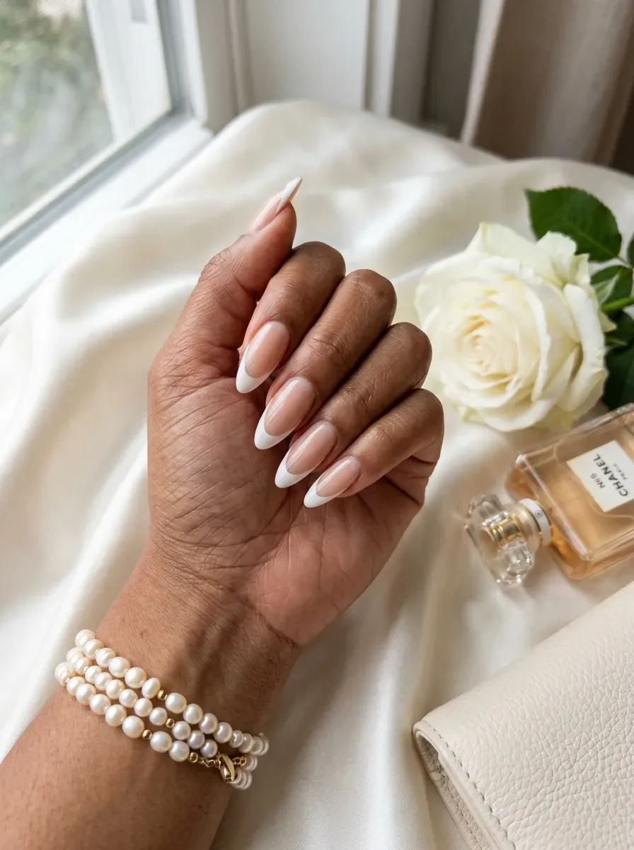 Long almond nails with crisp white French tips on warm brown skin