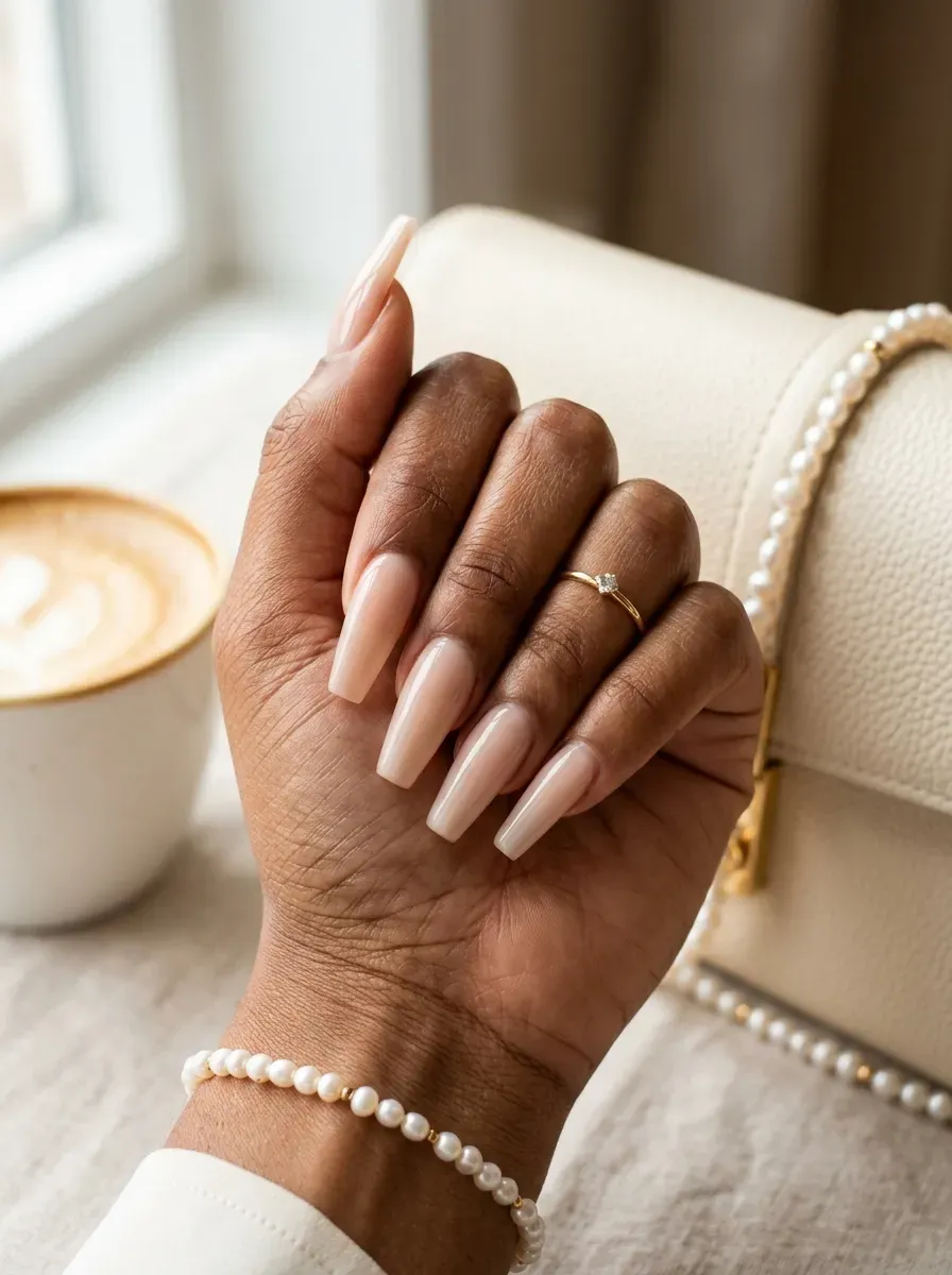Long coffin nails with glossy milky nude polish on warm brown skin