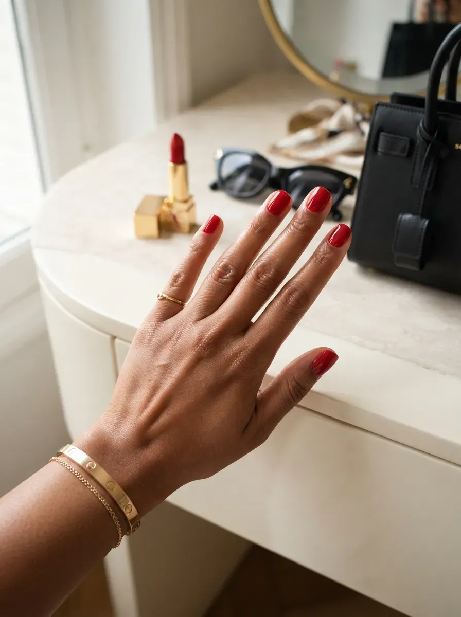 Classic opaque red manicure on short squoval nails and warm brown skin