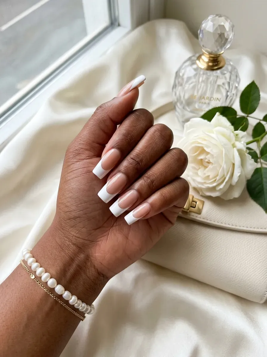 Long square nails with thick white French tips on warm brown skin
